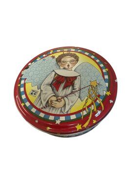 Vintage Mary Engelbreit Christmas Tin Angel Hark The Herald Angel Sings Round